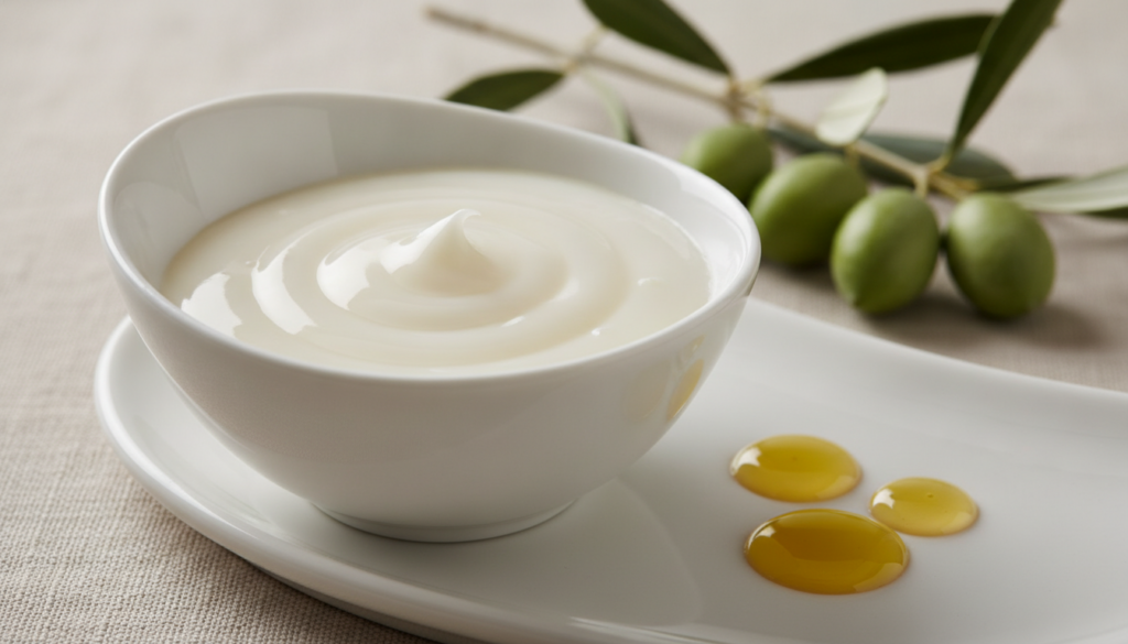 A small bowl with a mix of Vaseline and olive oil with a few drops of olive oil and an olive branch nearby