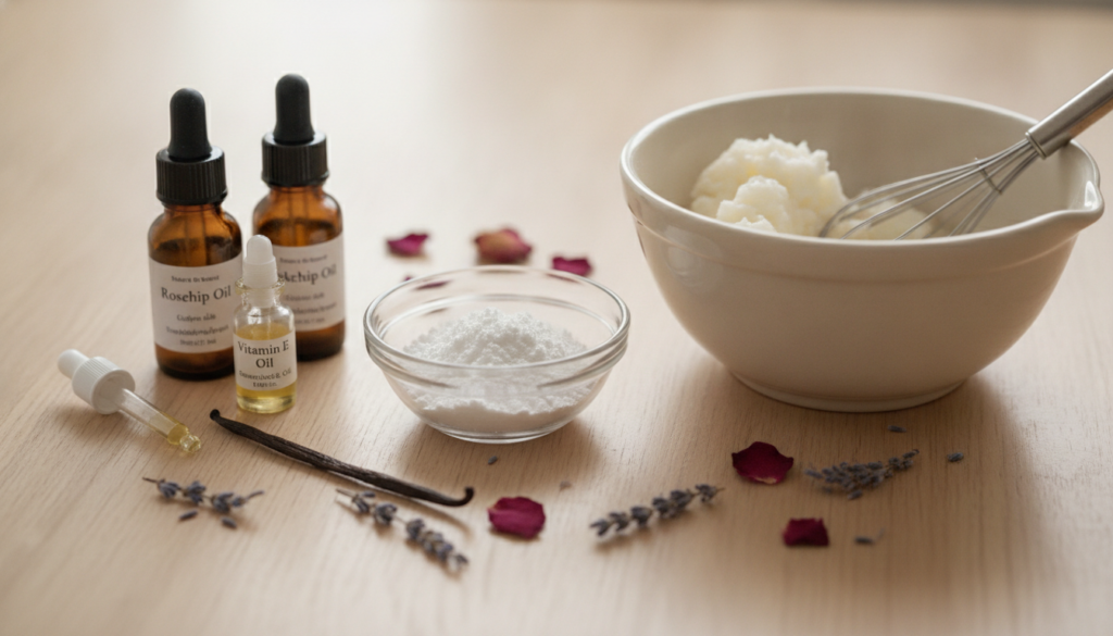 Ingredients for homemade collagen cream laid out on a clean surface including a bowl of gelatin small bottles of oils an