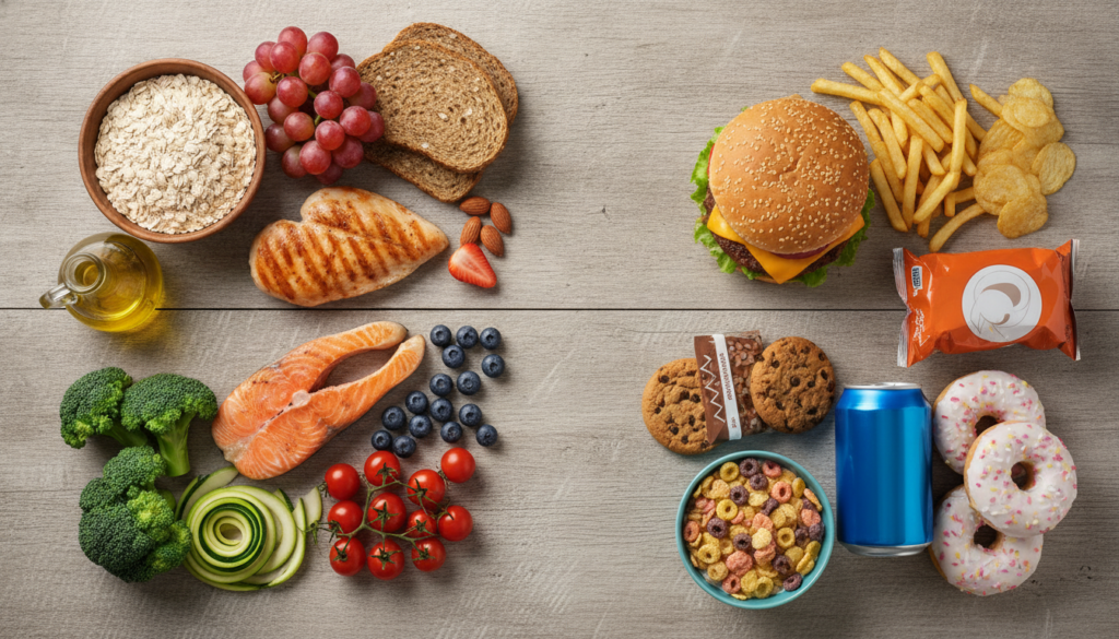 A vibrant flat lay of various healthy food swaps next to their less healthy counterparts such as a bowl of fruit next to