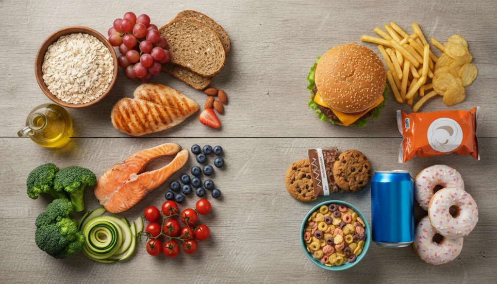 A vibrant flat lay of various healthy food swaps next to their less healthy counterparts such as a bowl of fruit next to