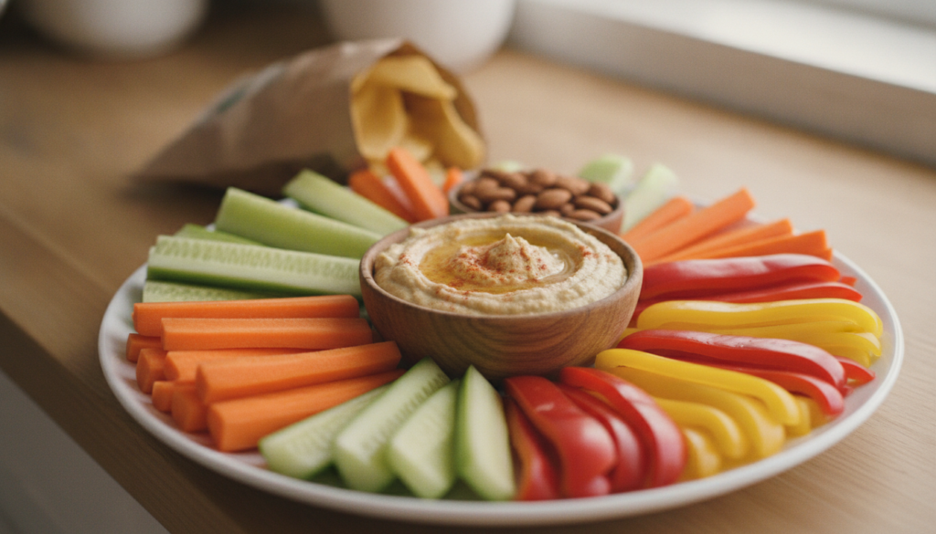 A close-up shot of a healthy snack plate featuring colorful vegetable sticks hummus and a handful of almonds next to a l