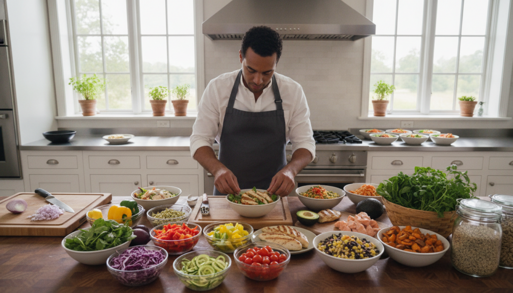 A person preparing healthy meals in a kitchen with various fresh ingredients spread out symbolizing meal prep and mindfu