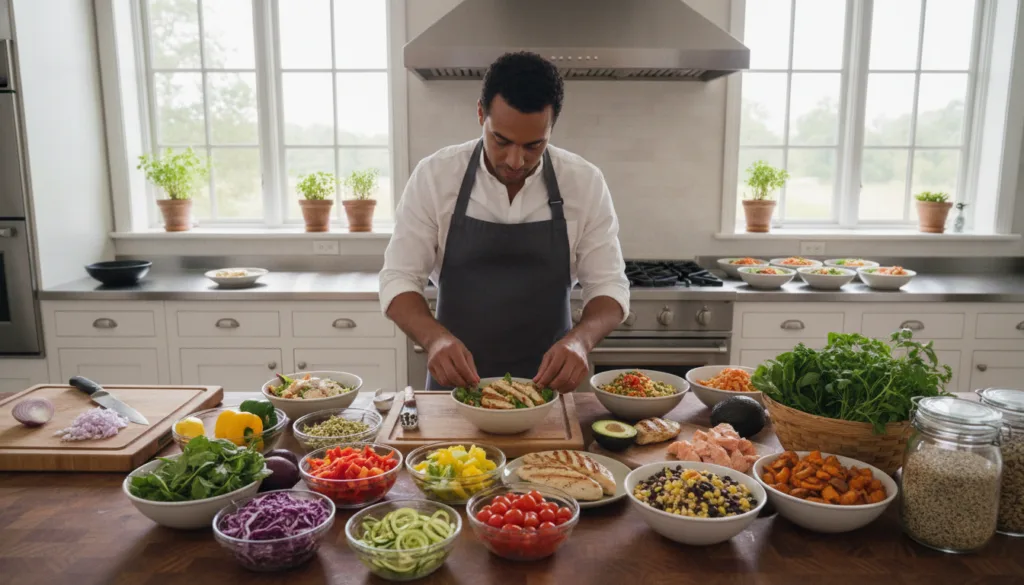 A person preparing healthy meals in a kitchen with various fresh ingredients spread out symbolizing meal prep and mindfu