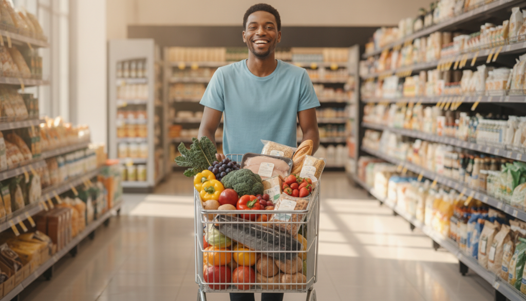 A person happily pushing a grocery cart filled with colorful fresh and healthy foods like fruits vegetables lean meats a