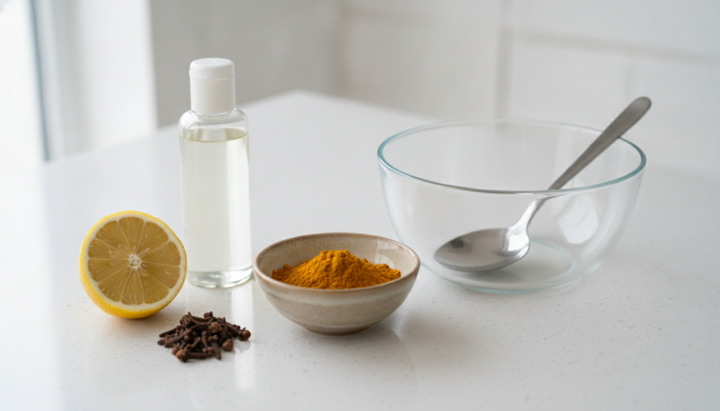 All the ingredients for the DIY radiant skin blend laid out on a clean surface a bottle of baby oil a cut lemon whole cl