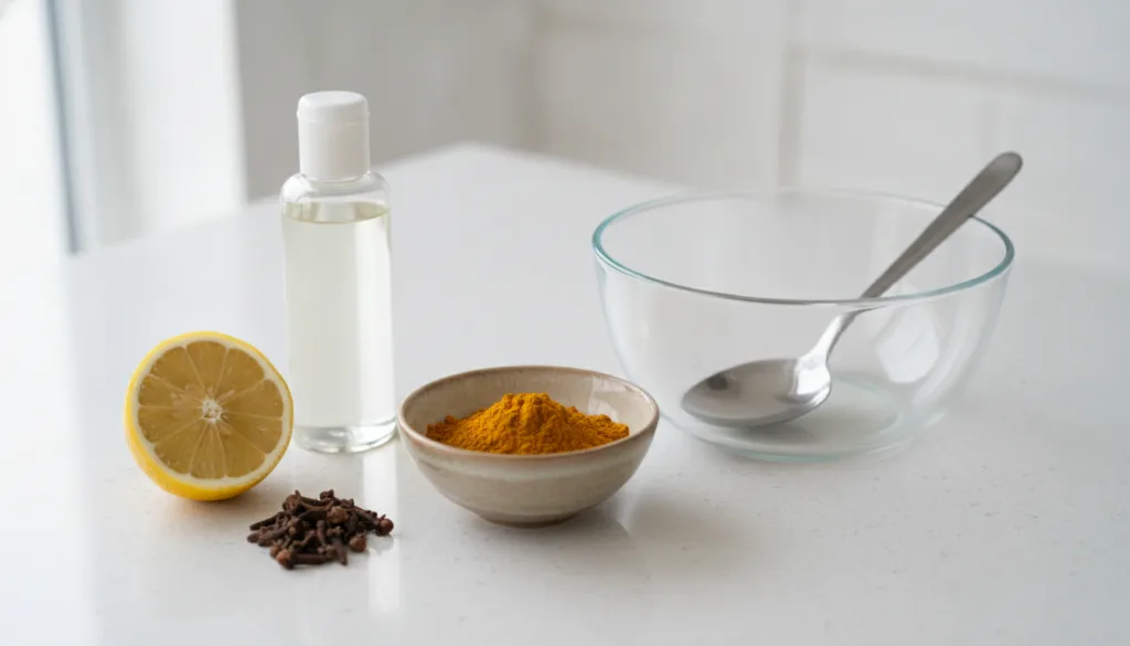 All the ingredients for the DIY radiant skin blend laid out on a clean surface a bottle of baby oil a cut lemon whole cl