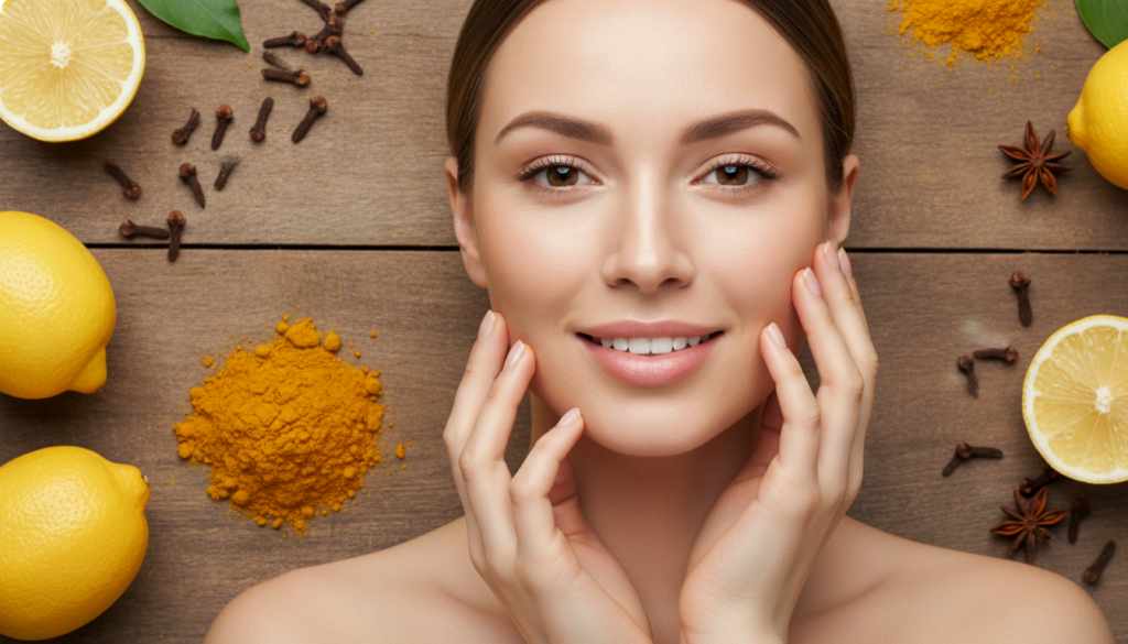 A woman smiling with healthy glowing skin gently touching her cheek surrounded by natural ingredients like lemons cloves