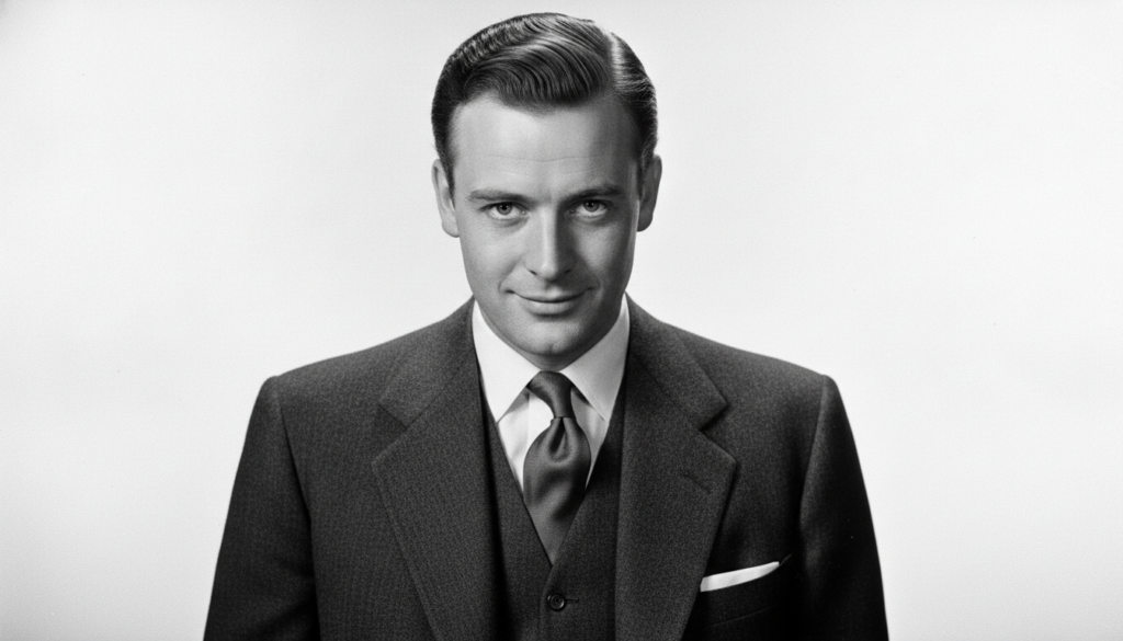 A black and white portrait of a young Michael Caine looking directly at the camera with a confident slightly mischievous
