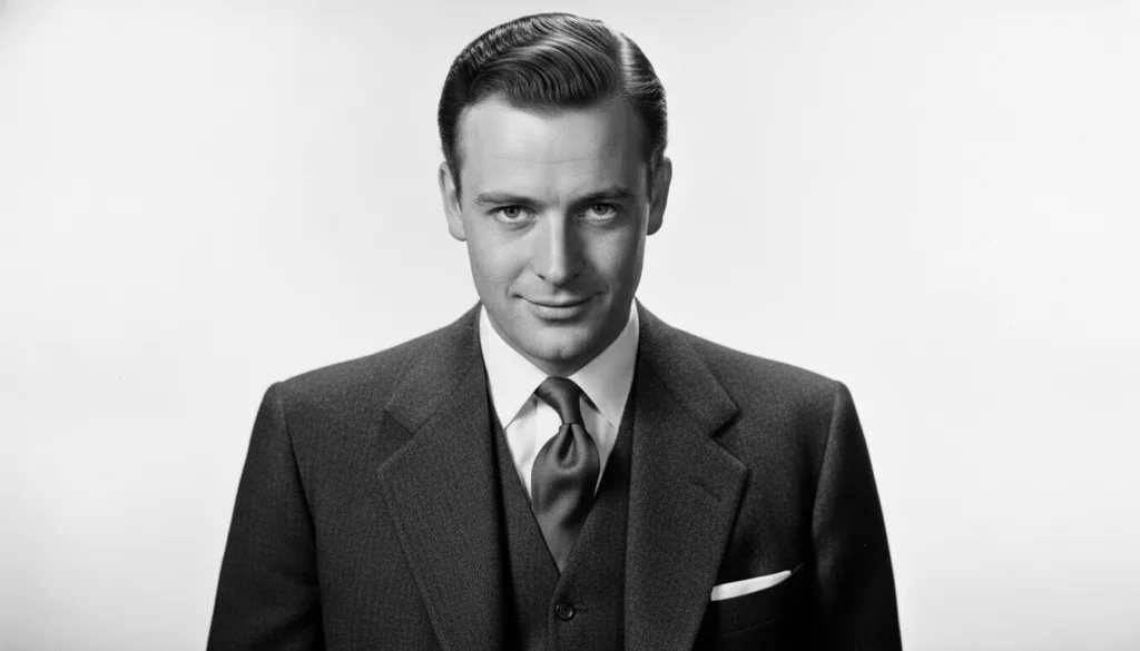 A black and white portrait of a young Michael Caine looking directly at the camera with a confident slightly mischievous