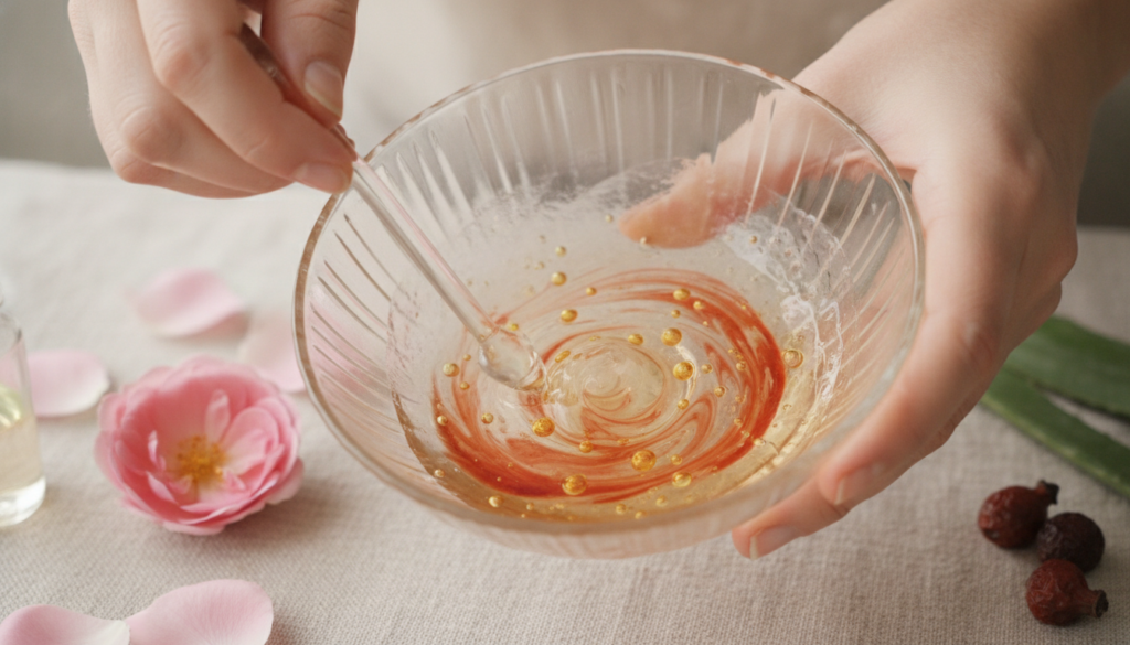 A close-up shot of hands mixing natural ingredients like aloe vera gel rosehip oil and vitamin E oil in a small glass bo