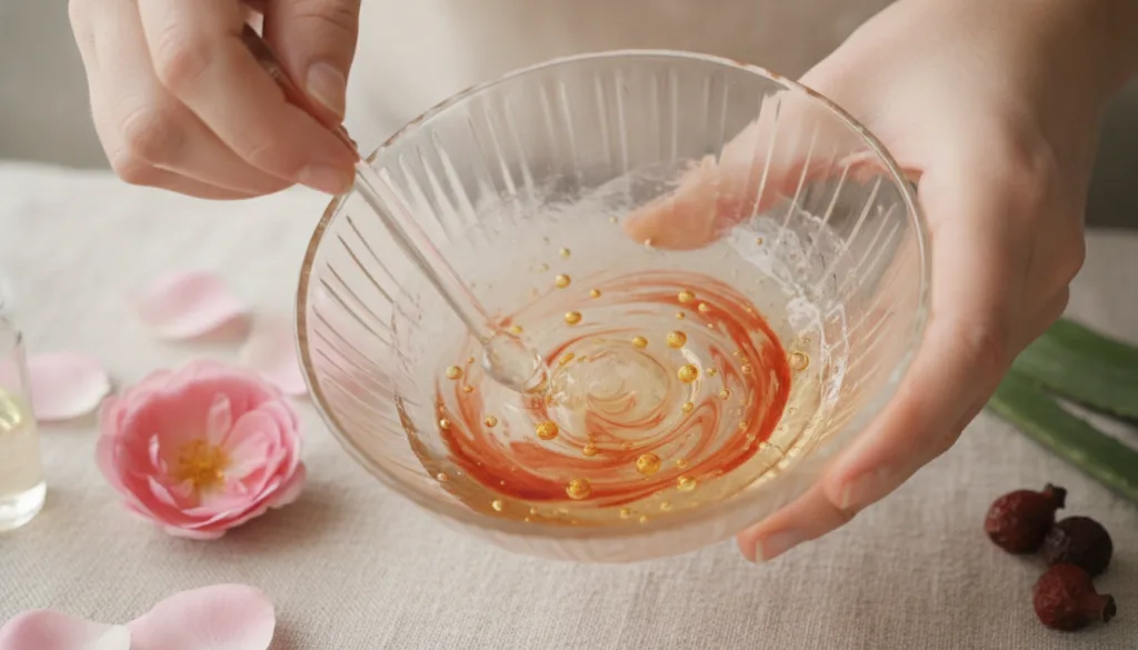 A close-up shot of hands mixing natural ingredients like aloe vera gel rosehip oil and vitamin E oil in a small glass bo