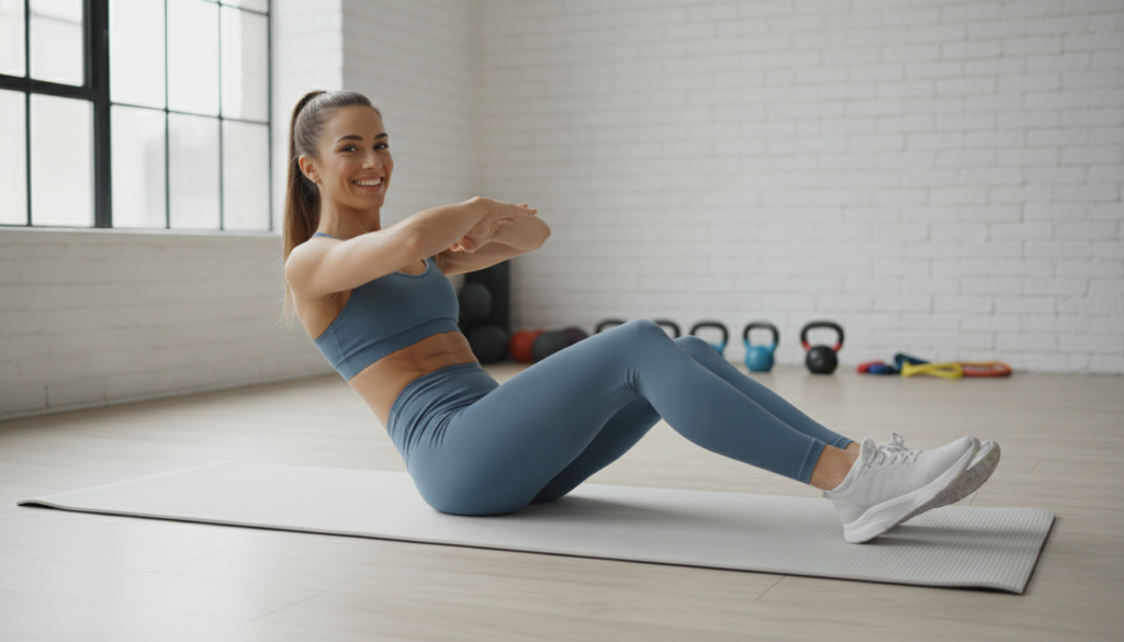 A woman demonstrating a bicycle crunch showing the twisting motion and leg extension