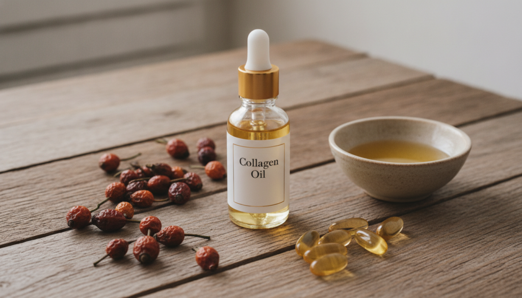 A close-up shot of a small glass dropper bottle filled with golden collagen oil surrounded by natural ingredients like r