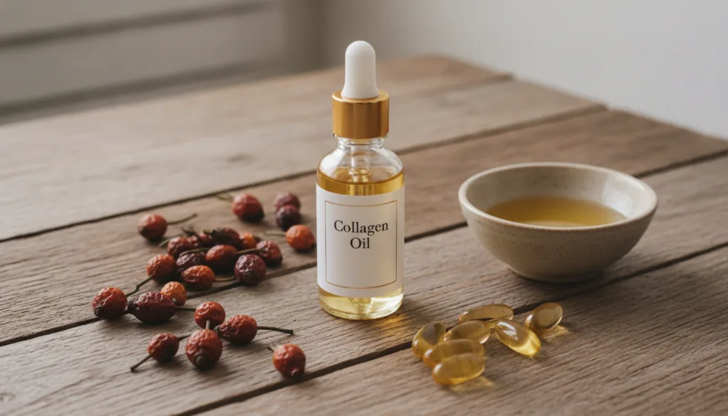 A close-up shot of a small glass dropper bottle filled with golden collagen oil surrounded by natural ingredients like r