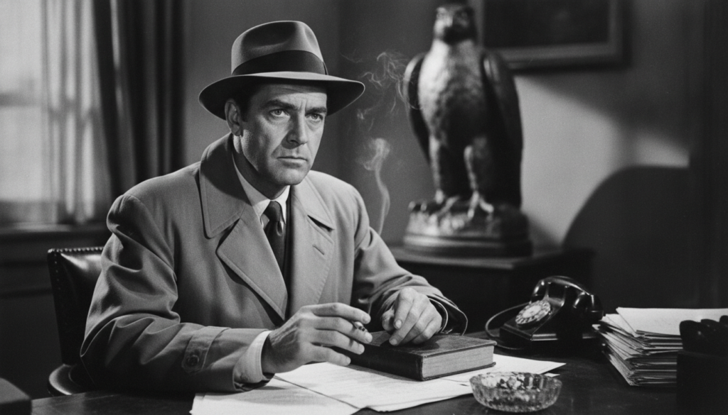 Humphrey Bogart as Sam Spade in The Maltese Falcon looking intense