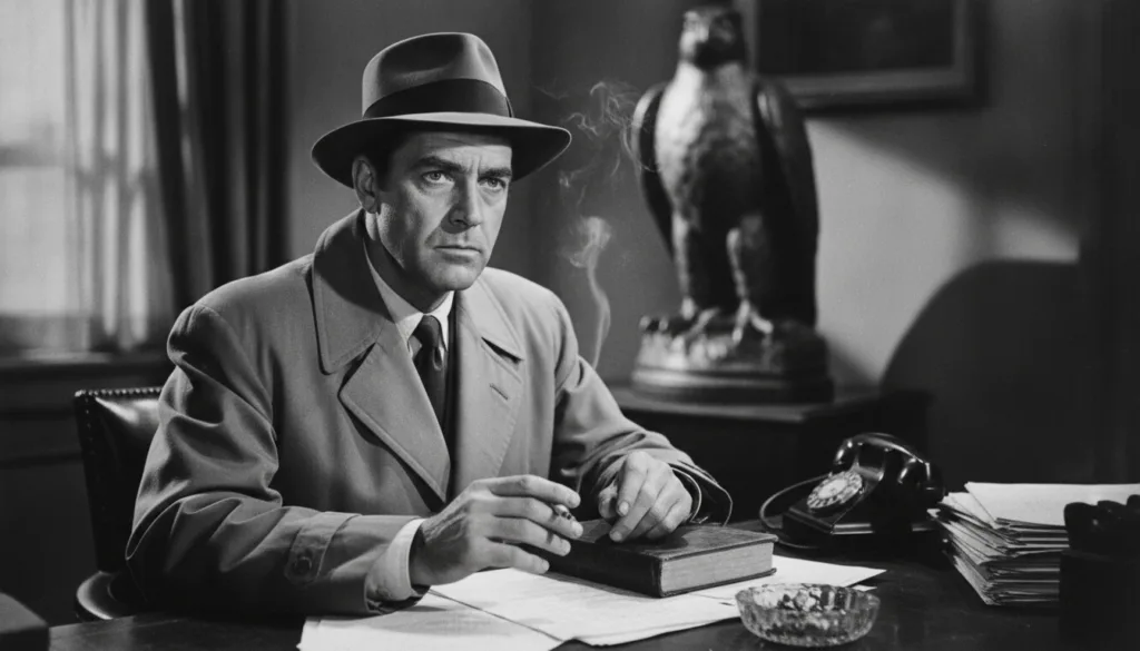 Humphrey Bogart as Sam Spade in The Maltese Falcon looking intense