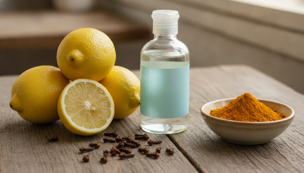 Ingredients for a DIY skin recipe baby oil fresh lemons whole cloves and a small bowl of turmeric powder arranged on a r