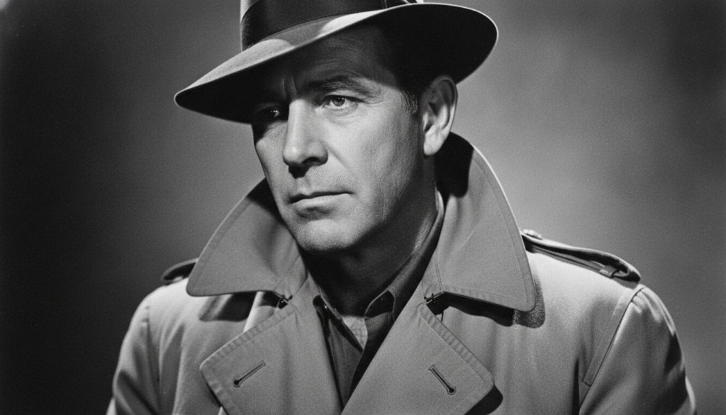 Humphrey Bogart in a classic film noir pose wearing a fedora and trench coat in black and white