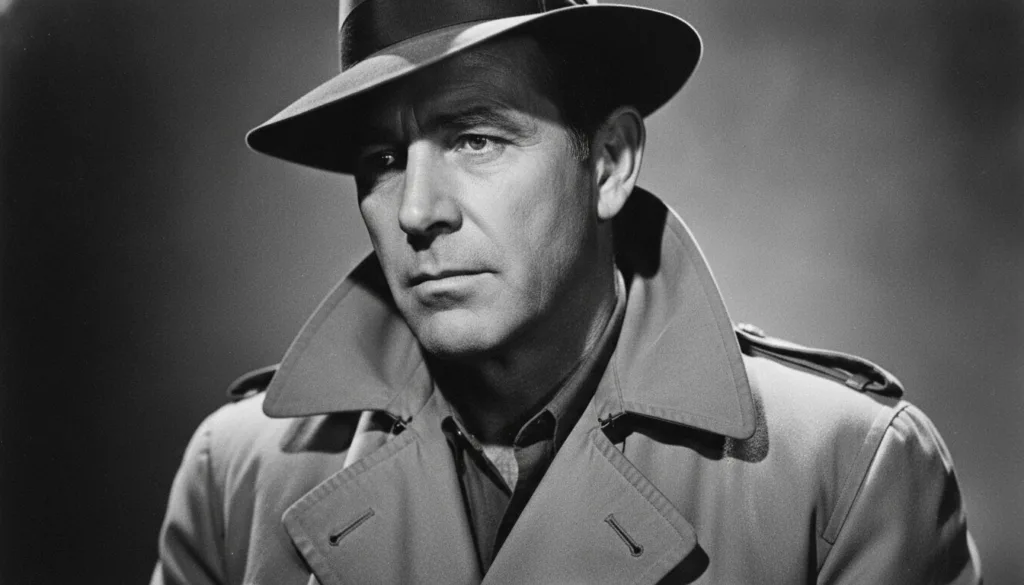 Humphrey Bogart in a classic film noir pose wearing a fedora and trench coat in black and white