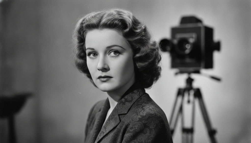 A real archival black and white publicity photo of Bette Davis from the 1930s or 1940s looking intensely at the camera