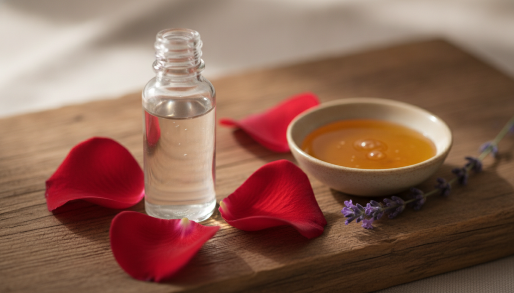 A small clear bottle of baby oil next to a few other natural beauty ingredients like rose petals a small bowl of honey a