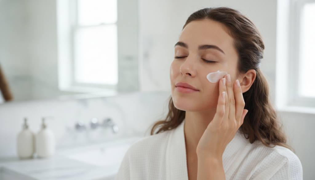 A woman gently massaging a small amount of cream onto her face focusing on her cheek and jawline with soft diffused ligh