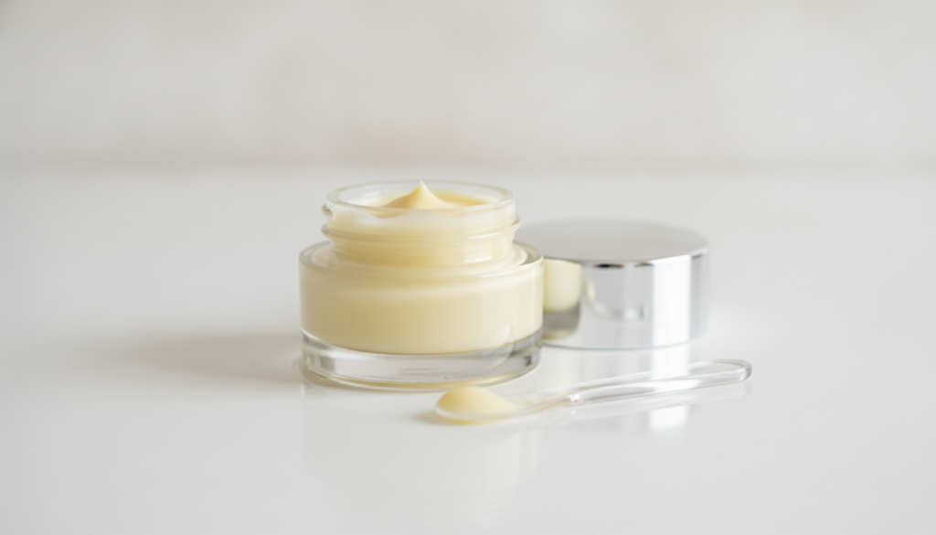 A small clear glass jar filled with the freshly made pale yellow DIY cream with a small spatula resting beside it on a c