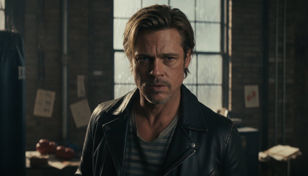 Brad Pitt in a memorable film role perhaps from Fight Club or Se7en with an intense expression