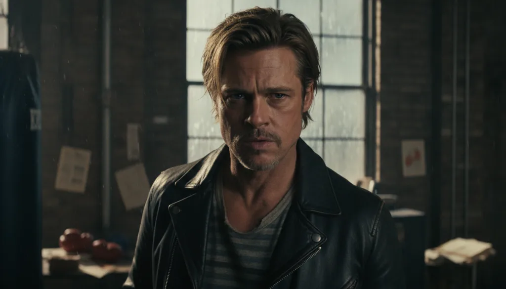 Brad Pitt in a memorable film role perhaps from Fight Club or Se7en with an intense expression