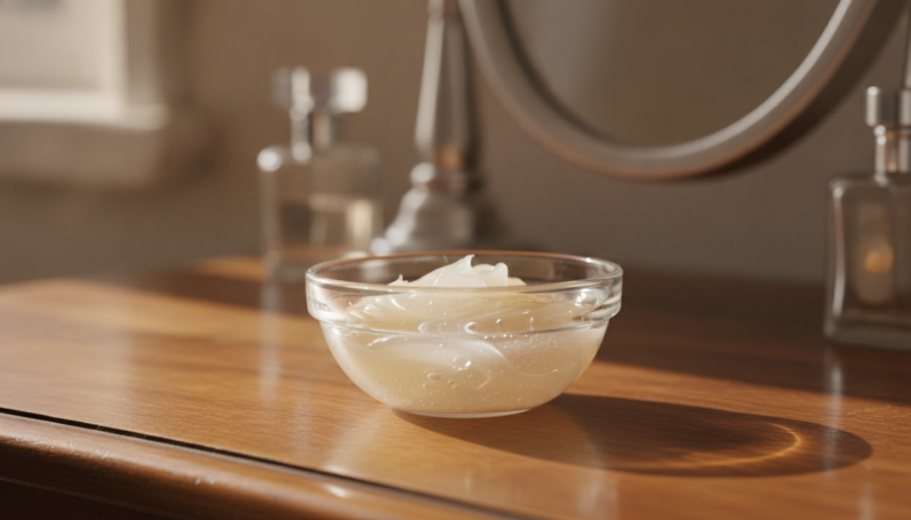A close-up of a small glass bowl containing a creamy mixture of petroleum jelly and baby oil with a small spoon or spatu