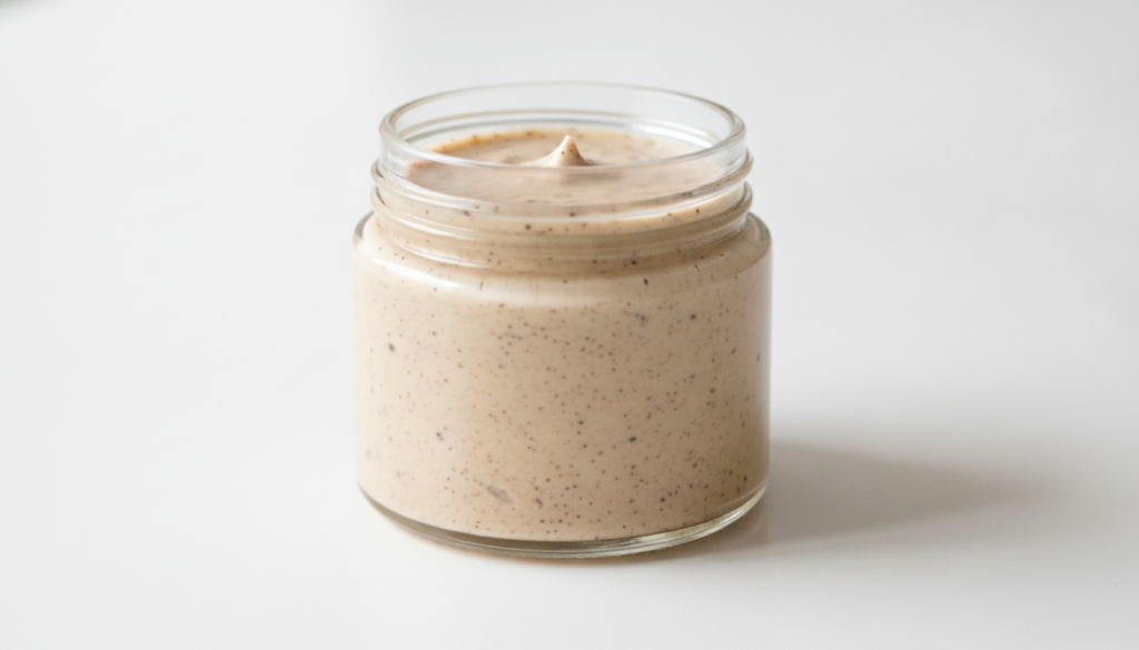 A small clean glass jar filled with the finished DIY coffee and Vaseline cream showing its creamy texture and flecks of 