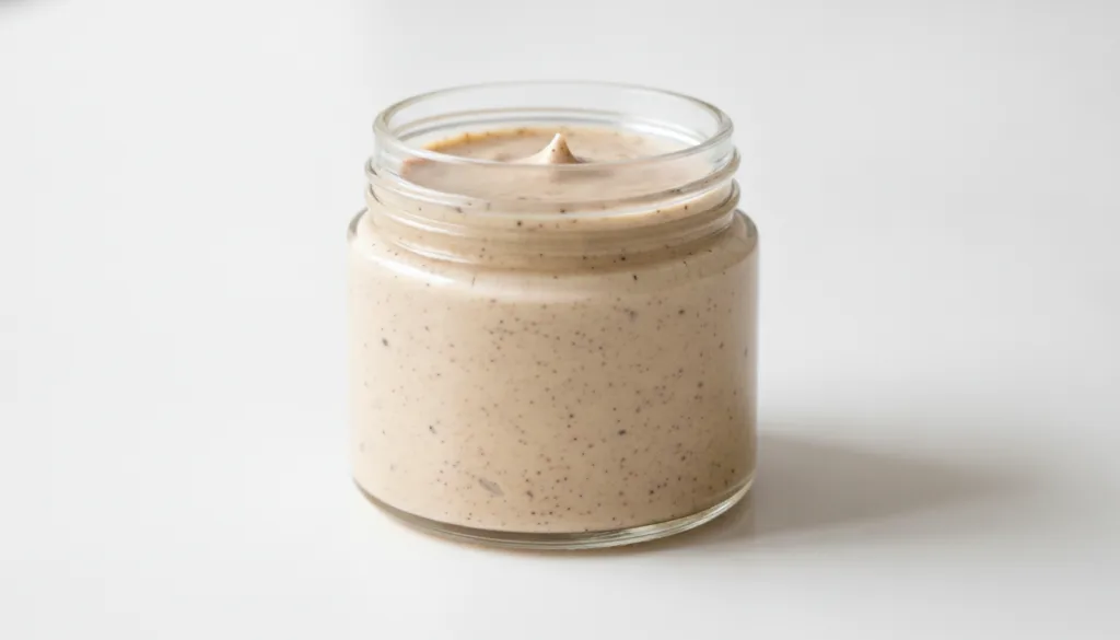 A small clean glass jar filled with the finished DIY coffee and Vaseline cream showing its creamy texture and flecks of