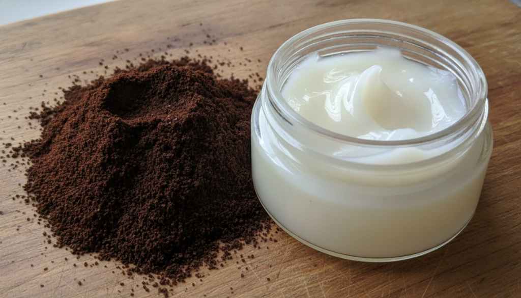 A close-up shot of ground coffee beans and a jar of Vaseline arranged neatly on a rustic wooden surface suggesting natur