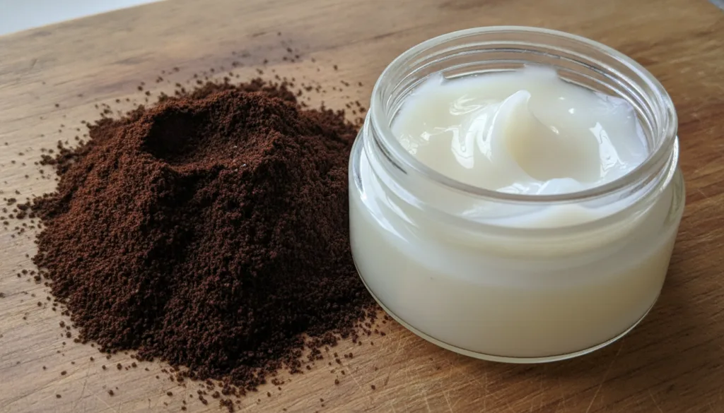 A close-up shot of ground coffee beans and a jar of Vaseline arranged neatly on a rustic wooden surface suggesting natur