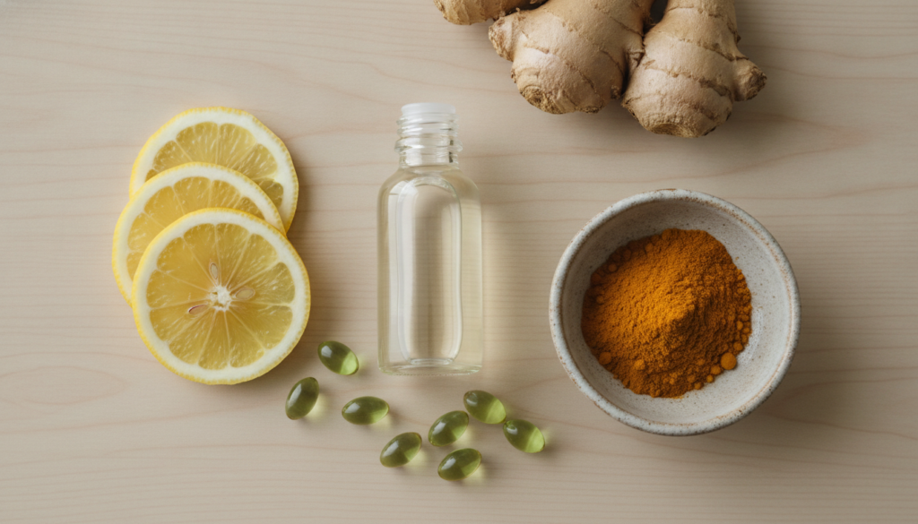 A flat lay of a small bottle of baby oil alongside natural ingredients like lemon slices fresh ginger ground turmeric in