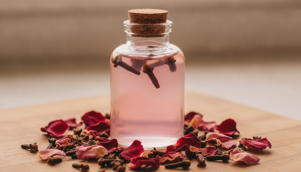 A close-up of a clear glass bottle filled with pinkish rose water toner adorned with a few whole cloves on a wooden surf