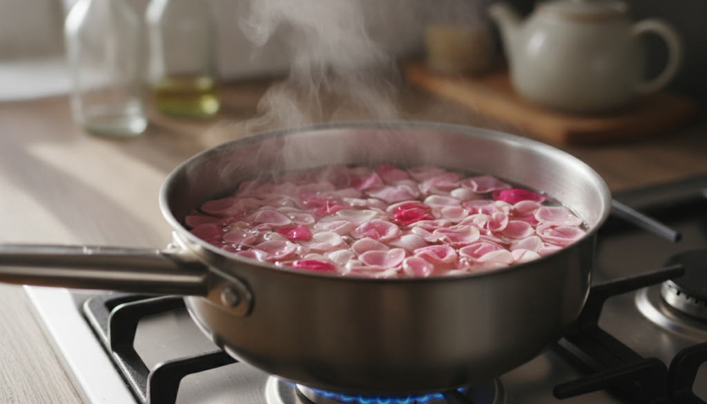 A close-up shot of a saucepan on a stove containing rose petals steeping in hot water with steam gently rising The petal