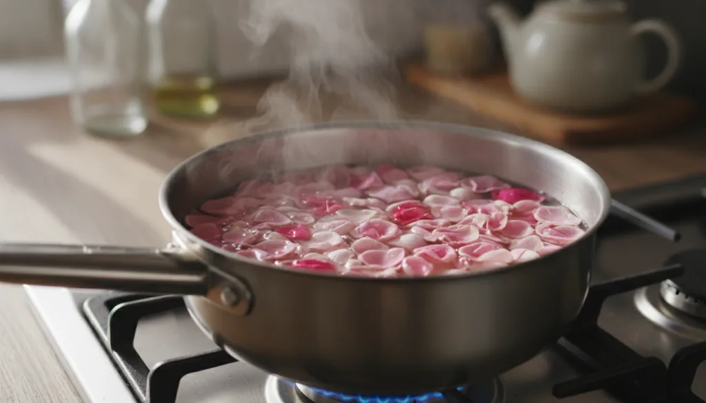 A close-up shot of a saucepan on a stove containing rose petals steeping in hot water with steam gently rising The petal
