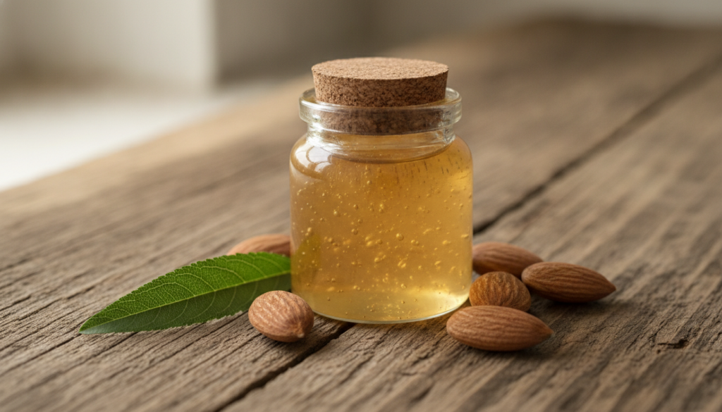 A small clear glass jar filled with a light amber-colored gel placed on a rustic wooden surface with a few raw almonds s