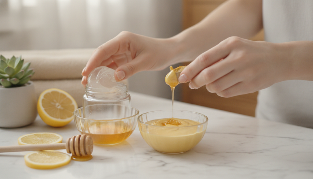 A woman s hands mixing Vaseline with natural ingredients like honey and a pinch of turmeric in small bowls surrounded by