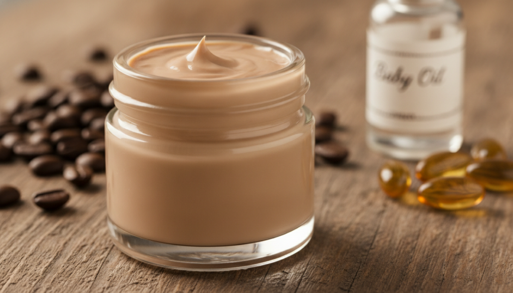 A close-up of a small glass jar filled with a creamy light brown DIY collagen cream with raw coffee beans a bottle of ba