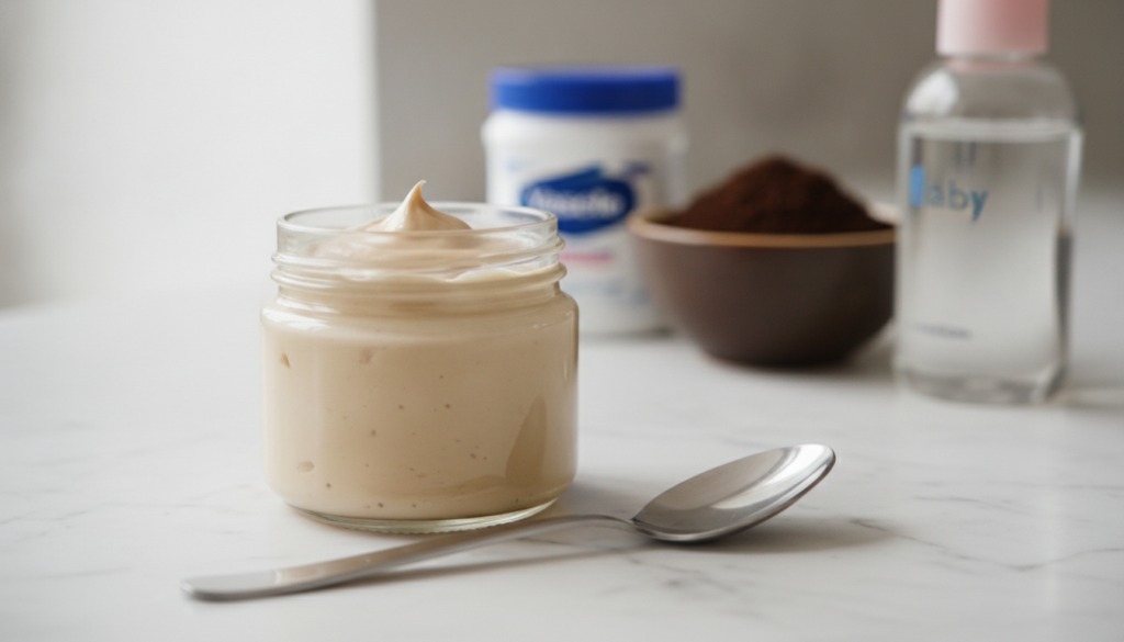 A close-up of a small glass jar filled with the homemade collagen cream showing its texture and color with a spoon besid