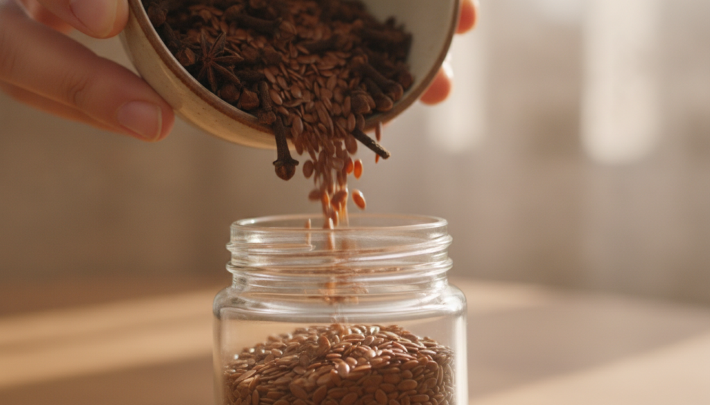 A close-up shot of dried cloves and flaxseeds being placed into a small glass jar ready for oil infusion