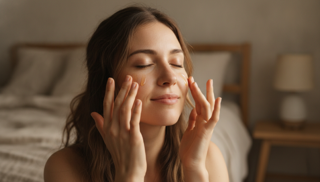 A woman gently massaging a few drops of the homemade infused facial oil onto her clean face at night with a soft warm gl