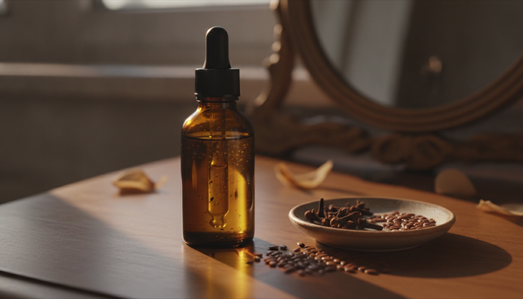 A close-up of a dark glass dropper bottle filled with golden infused oil placed on a vanity next to a small dish of drie