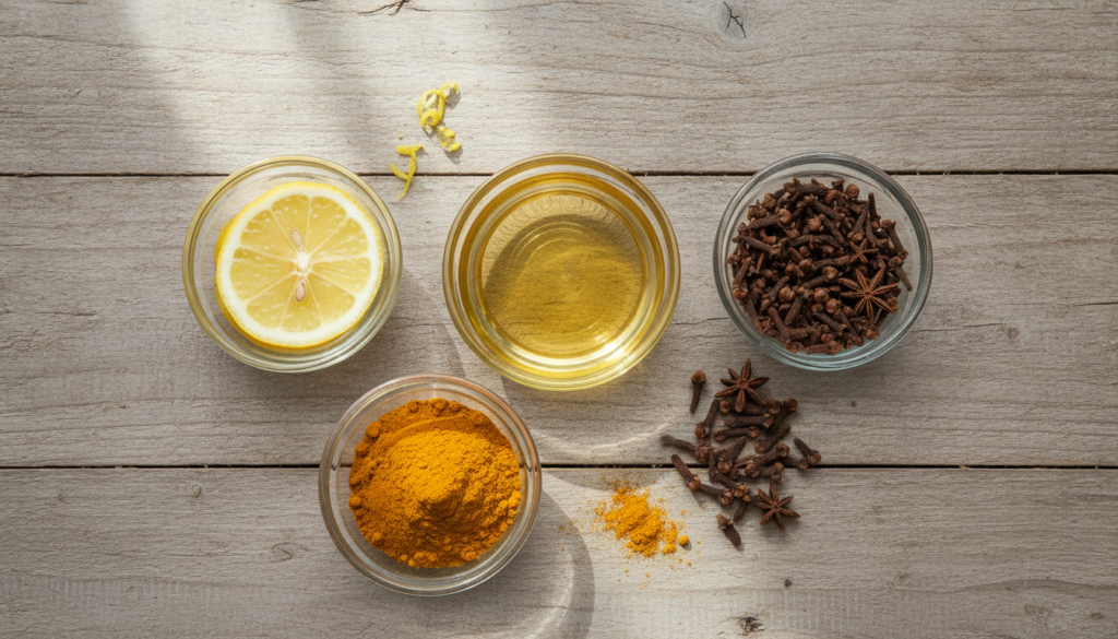 A flat lay of natural ingredients for skincare a small bowl of baby oil fresh sliced lemons dried cloves and a small pil