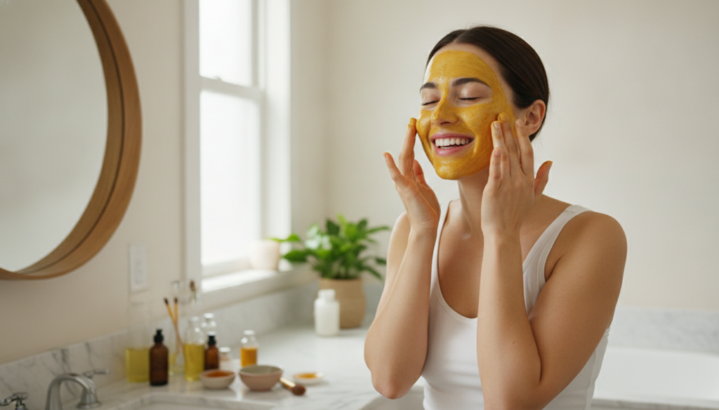 A woman gently applying a homemade natural face mask to her clean face with soft clean hands in a well-lit bathroom or s