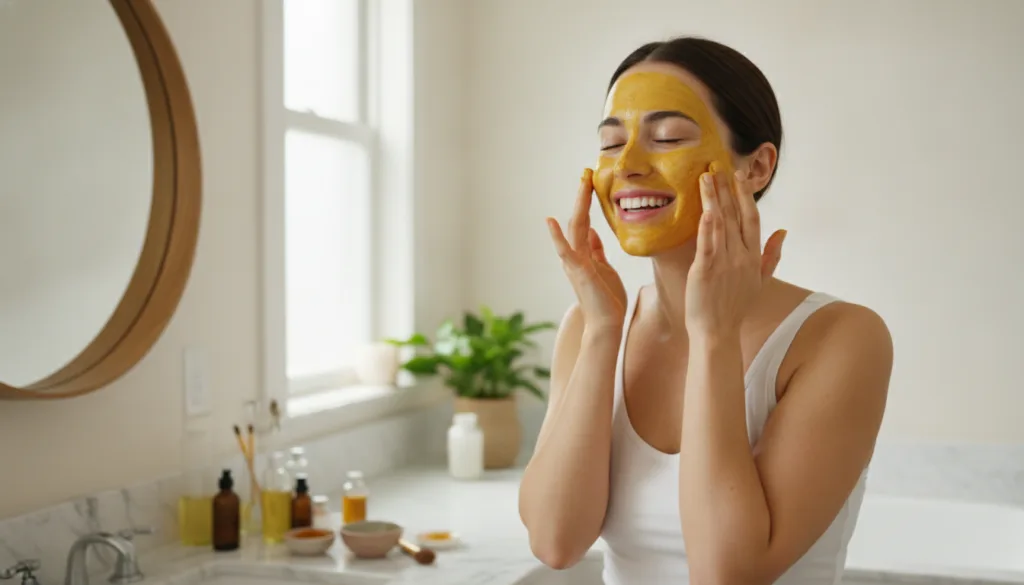 A woman gently applying a homemade natural face mask to her clean face with soft clean hands in a well-lit bathroom or s