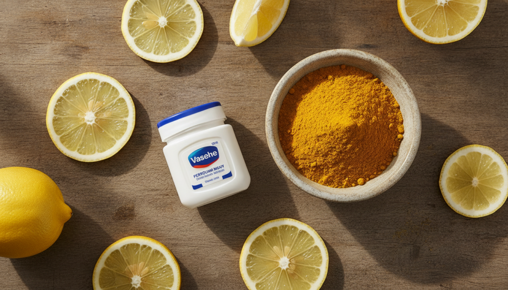 Ingredients for a homemade face mask a small jar of Vaseline a bowl of yellow turmeric powder and fresh sliced lemons on