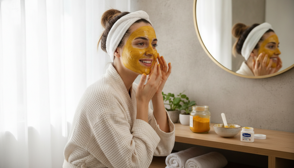 A woman gently applying a yellow turmeric and Vaseline mask to her face in a well-lit bathroom smiling softly